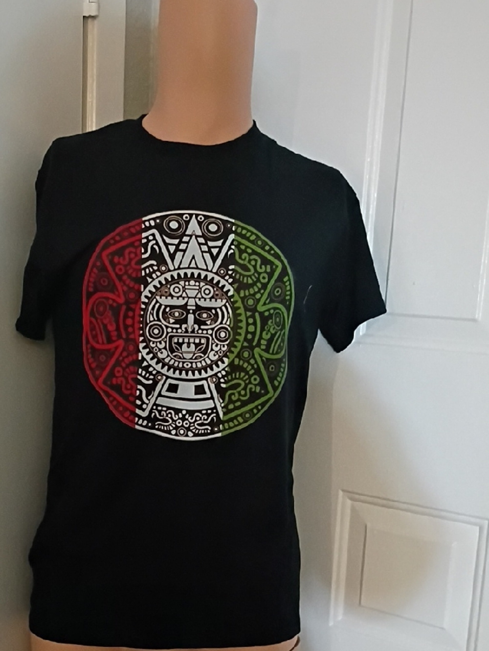 Gildan Black Tee with Red, White & Green Aztec Sun Graphic